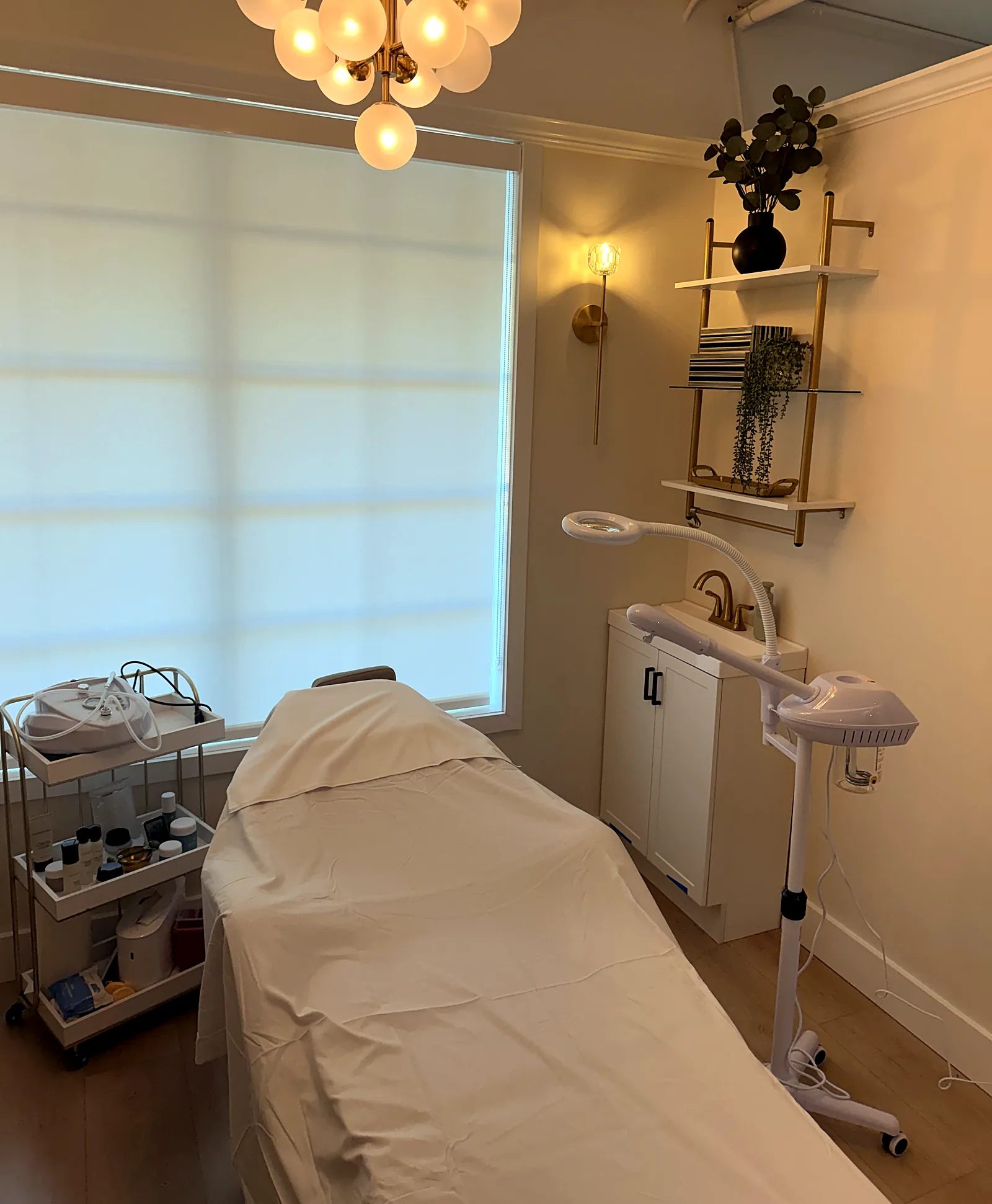 Treatment room with a brass chandelier, a steamer, and a product trolley beside the bed.